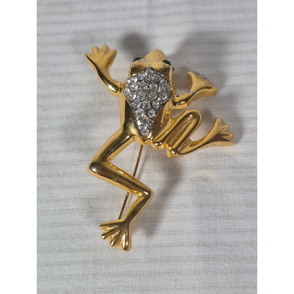 Vintage Gold Tone Frog Brooch Green Rhinestone Eye Pave Crystal Animal Pin